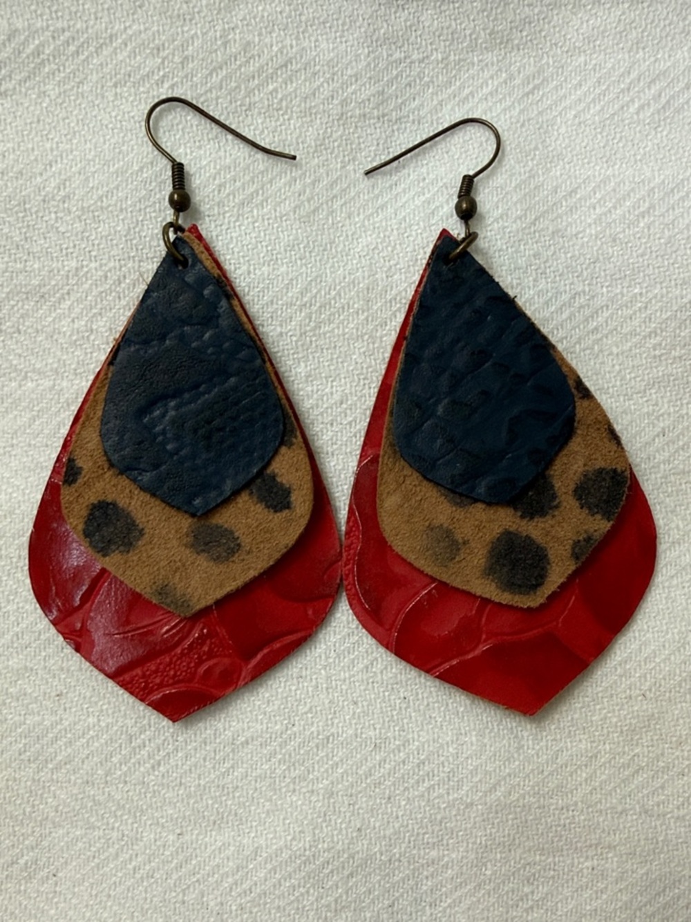Layered Leather Teardrop Earrings - Red, Navy & Leopard - Handmade in the USA